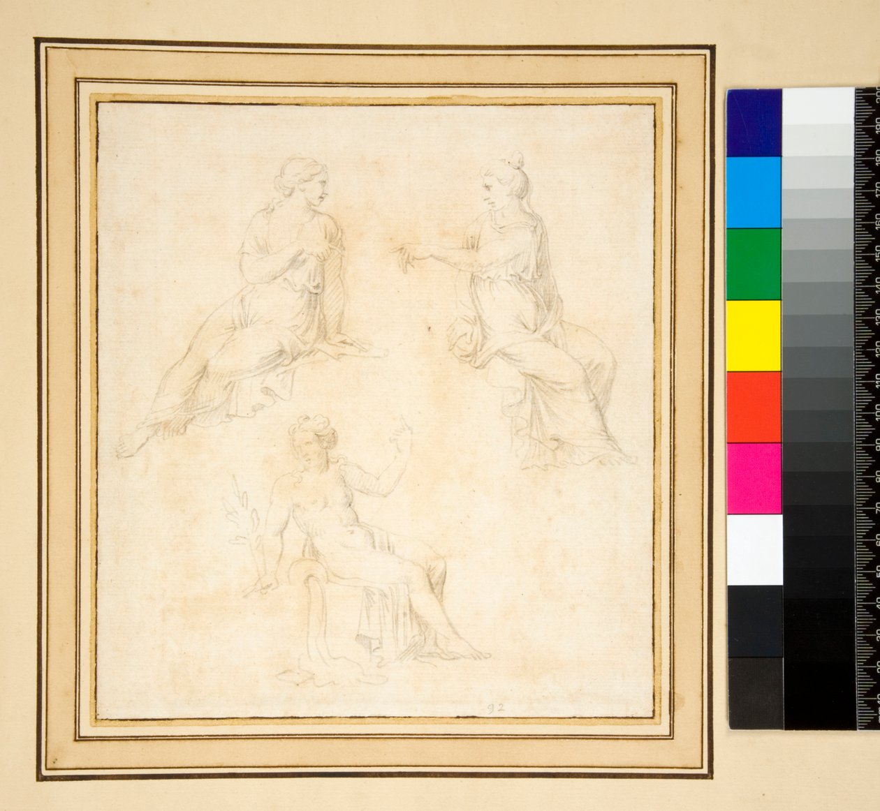 Tre kvinnofigurer sittande (penna) av Pietro Santi Bartoli