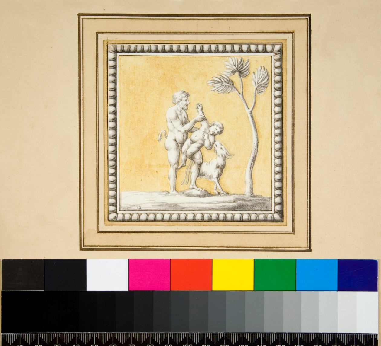 Tre silverpaneler från framsidan av en träkista (svart krita, några med penna och brunt bläck. färgad med akvarell) av Pietro Santi Bartoli