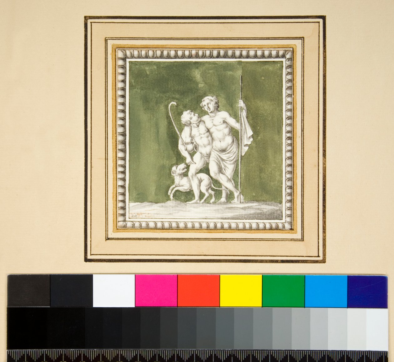 Tre silverpaneler från framsidan av en träkista (svart krita, några med penna och brunt bläck. färgad med akvarell) av Pietro Santi Bartoli