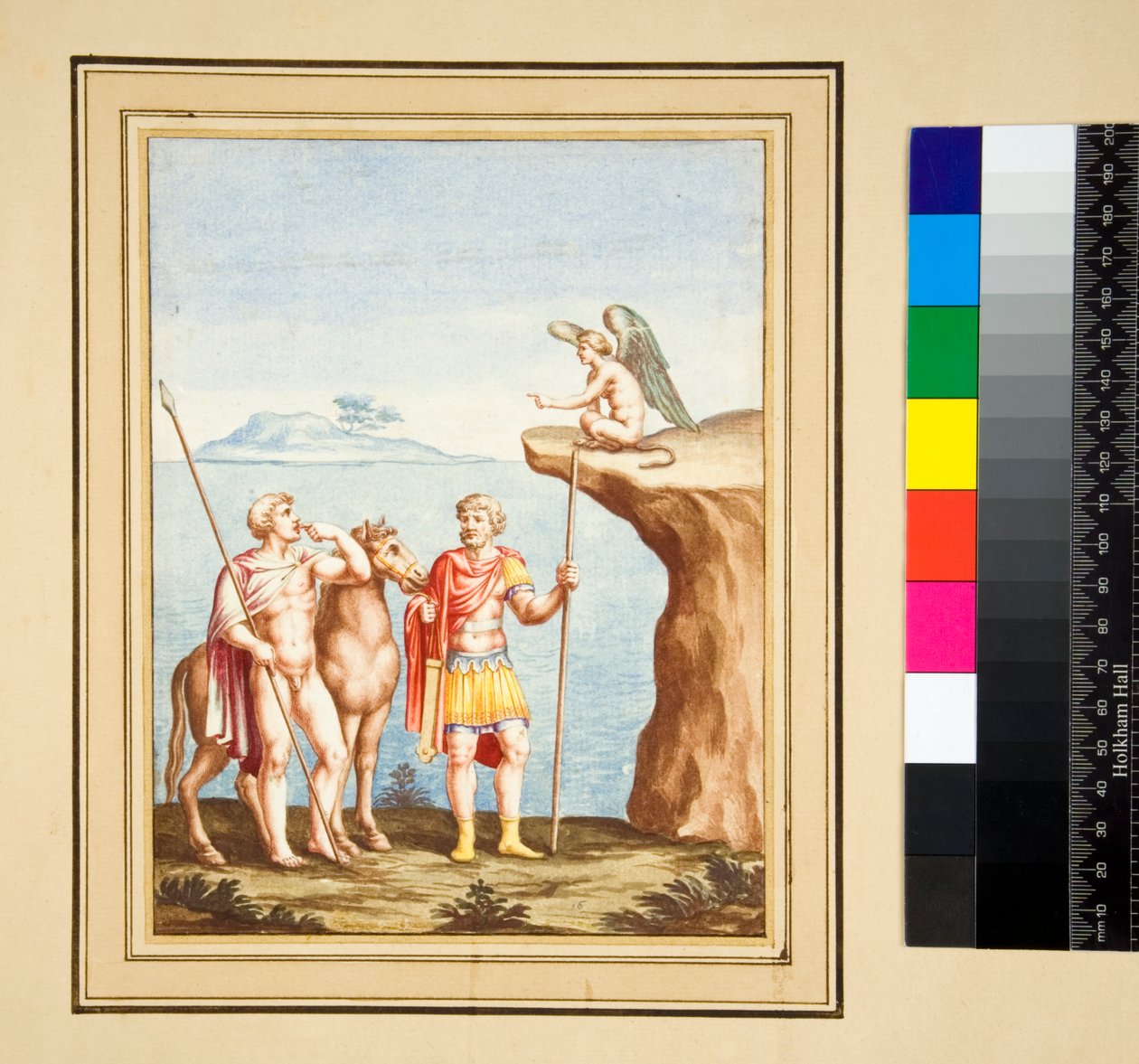 Två figurer och en Sphynx (svart krita, några med penna och brunt bläck. färgad med akvarell) av Pietro Santi Bartoli