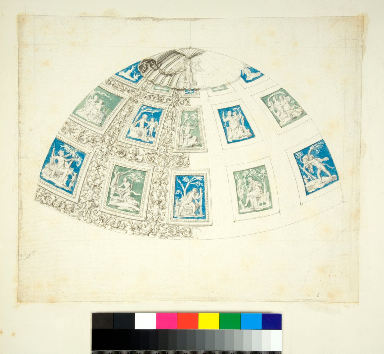 Valv av Villa Madama (svart krita, en del med penna och brunt bläck. färgad med akvarell) av Pietro Santi Bartoli