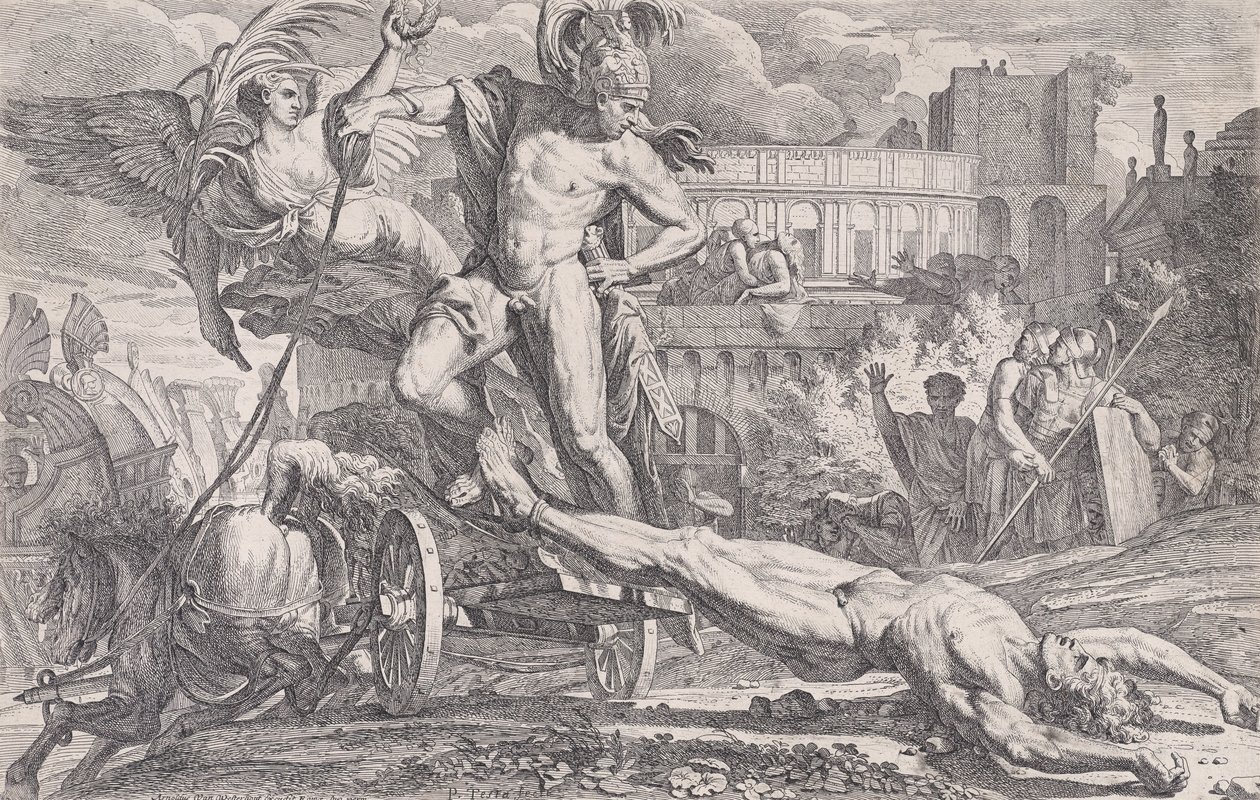 Akilles släpar Hectors kropp runt Trojas murar, 1648-50. av Pietro Testa