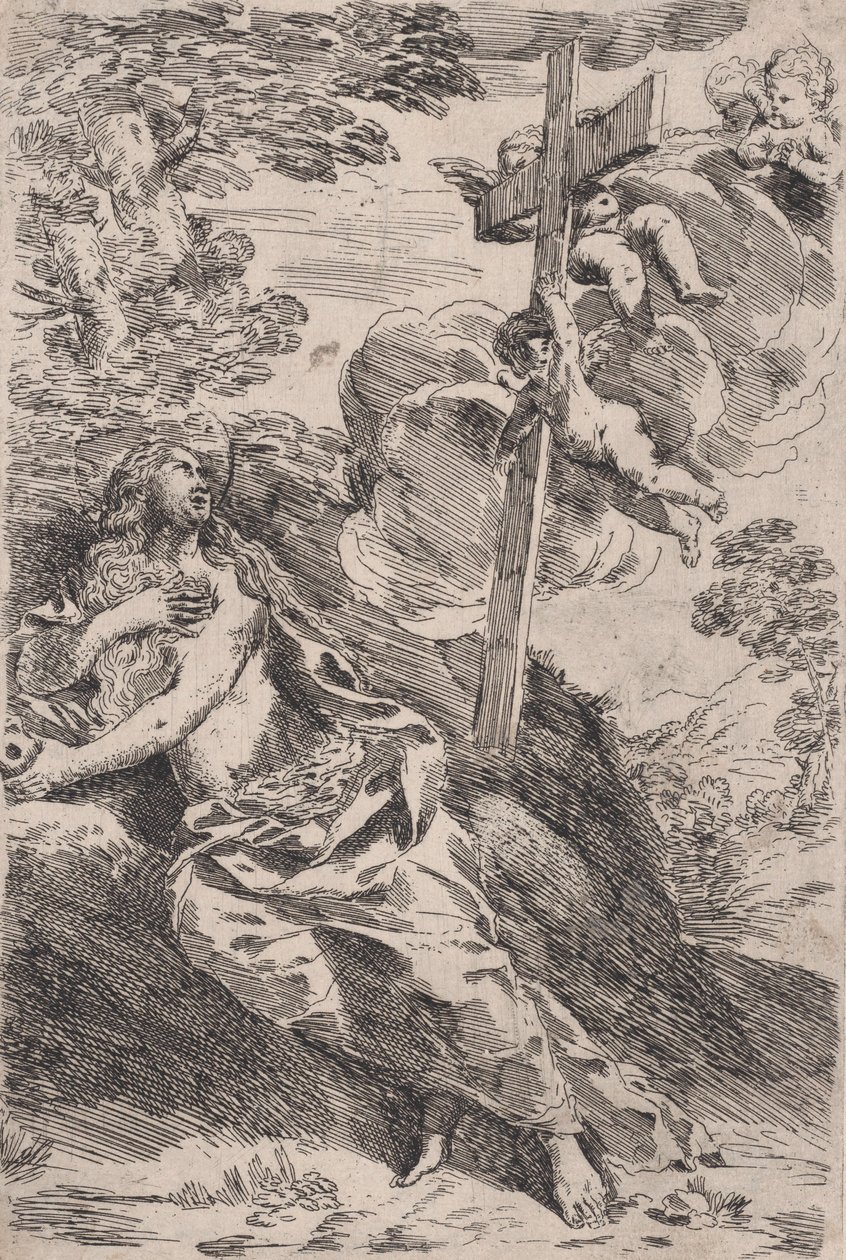 Maria Magdalena i öknen, ett kors som bärs av änglar till höger, ca. 1630. av Pietro Testa