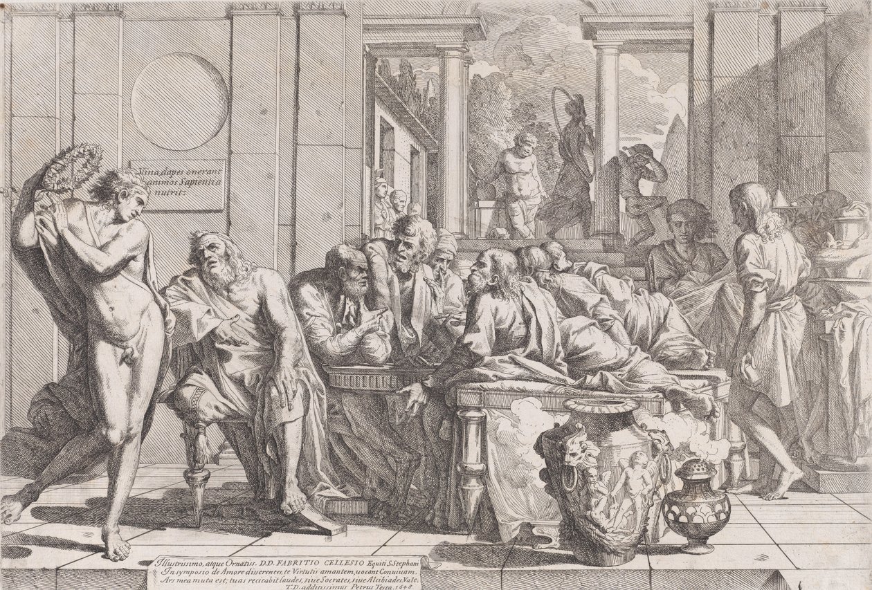 Platons symposium: Sokrates och hans följeslagare satt runt ett bord och diskuterade ideal kärlek..., 1648. av Pietro Testa