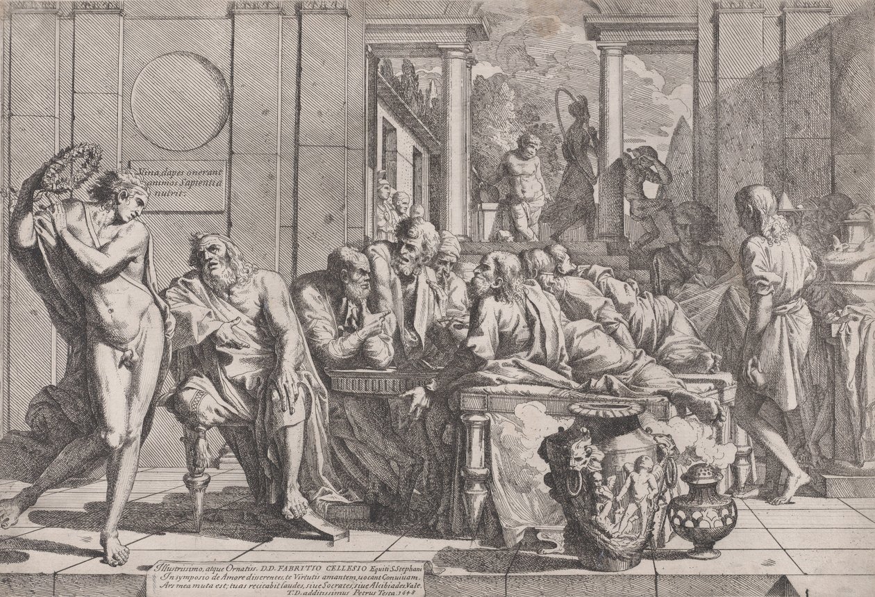 Platons symposium: Sokrates och hans följeslagare satt runt ett bord och diskuterade ideal kärlek..., 1648. av Pietro Testa