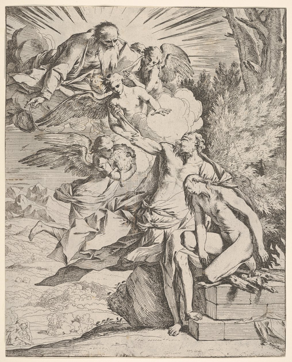 Isaks offer: en ängel trycker mot den dolkbärande armen av Abraham, som ..., ca.1645-50. av Pietro Testa