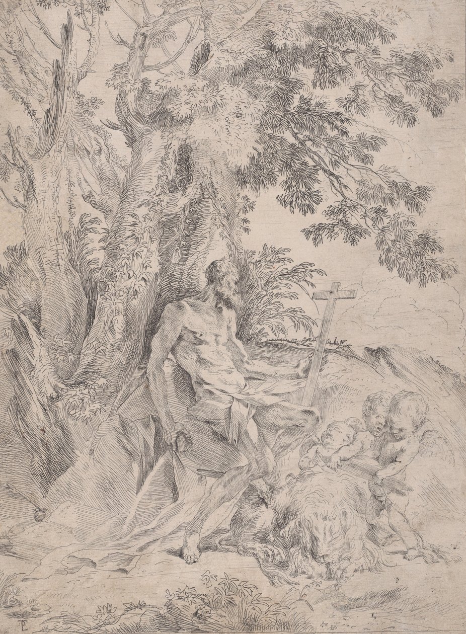 Saint Hieronymus före ett krucifix ackompanjerat av ett lejon och tre putti, ca. 1631-37. av Pietro Testa