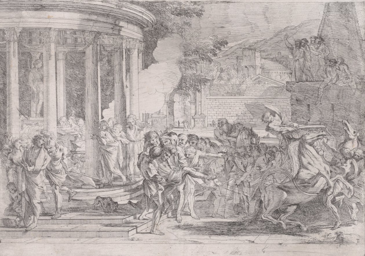 Sinorix bars från Artemis tempel i ett försök att undkomma effekterna av giftet..., ca. 1640. av Pietro Testa