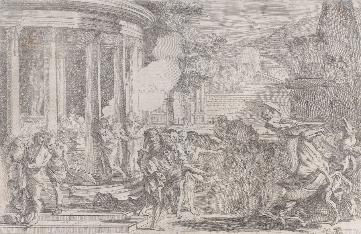 Sinorix bars från Artemis tempel i ett försök att undkomma effekterna av giftet..., ca. 1640. av Pietro Testa