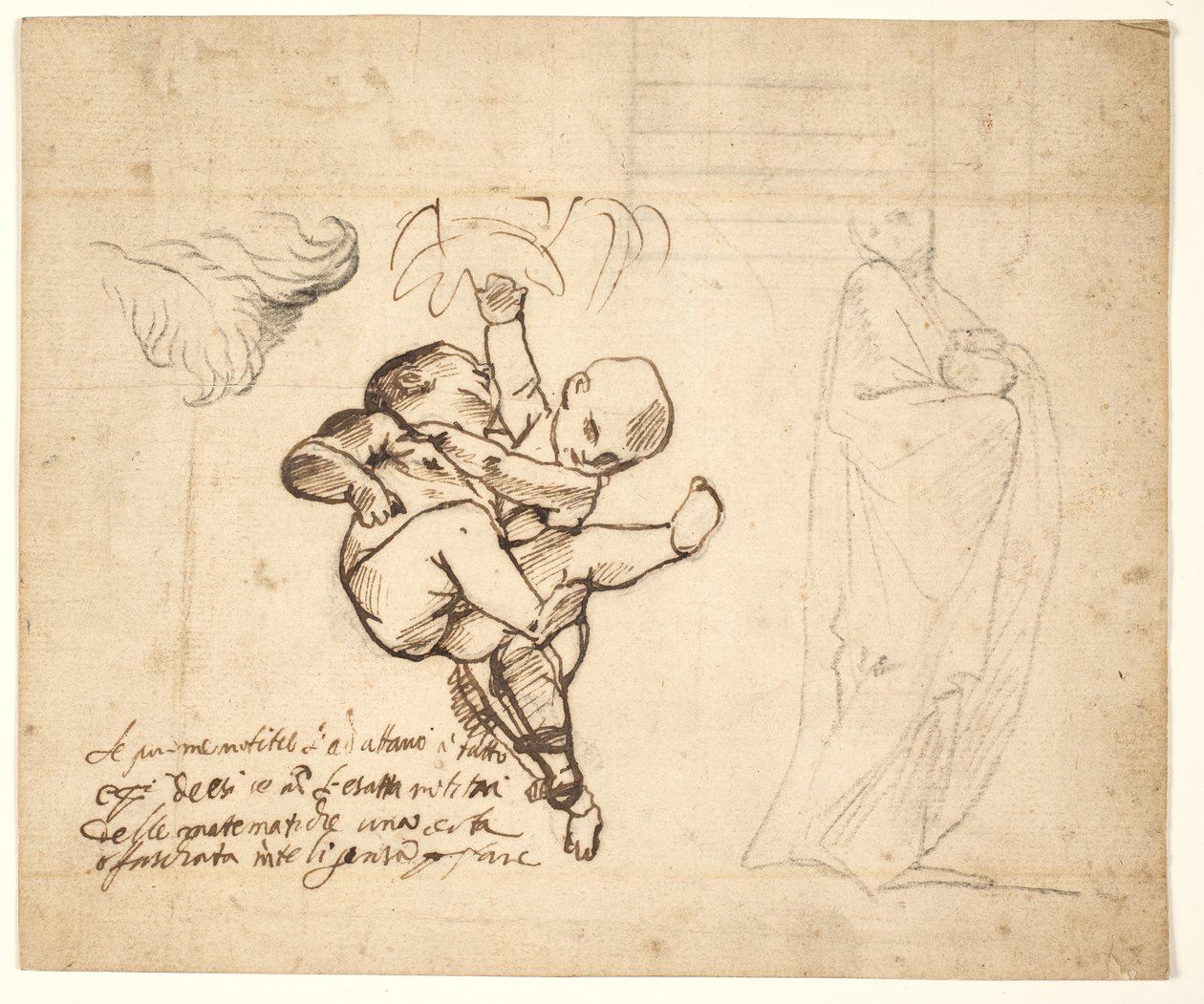 Studie för två lekande putti, löv och en draperad figur med en urna av Pietro Testa