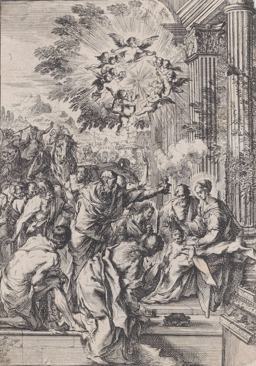 The Adoration of the Magi, utspelad före och arkitektonisk pelargång, ca. 1640. av Pietro Testa