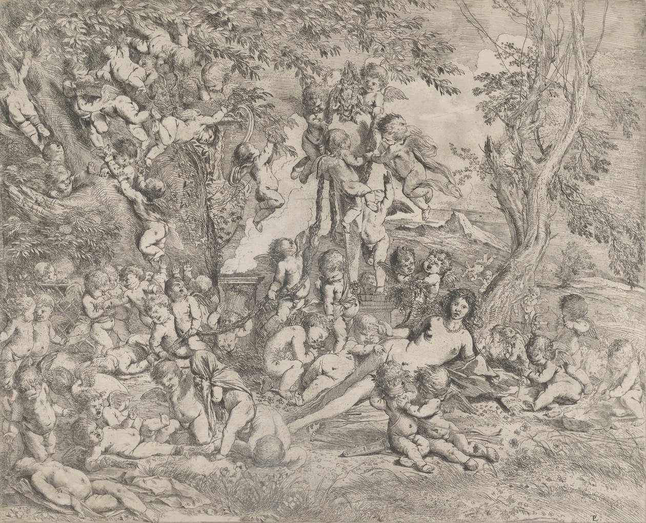The Garden of Venus som vilar i centrum inför en herm av Pan och omgiven ..., ca. 1631-37. av Pietro Testa