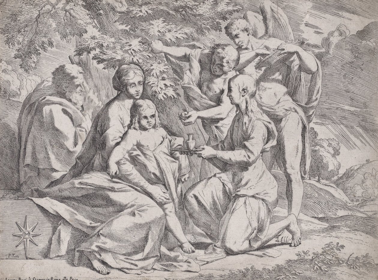 Den heliga familjen deltog av änglar, ca. 1642-44. av Pietro Testa