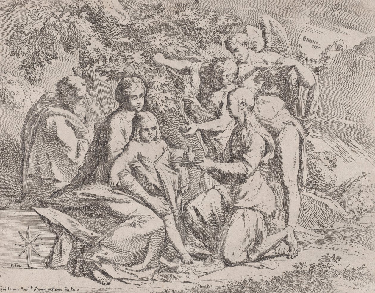 Den heliga familjen matad av änglar, ca. 1642-44. av Pietro Testa