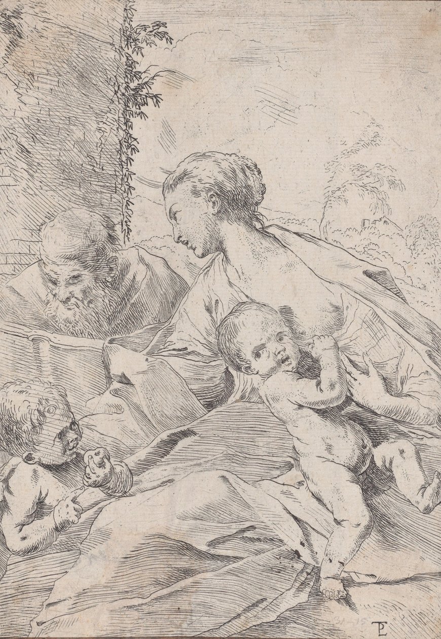 Den heliga familjen med spädbarnet Saint John som håller ett äpple, ca. 1630. av Pietro Testa