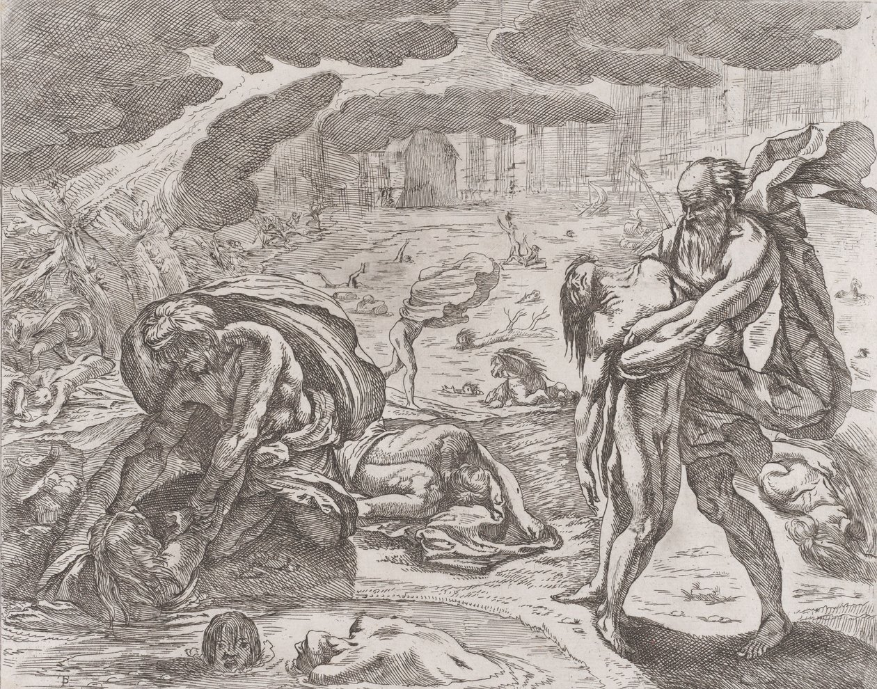 Syndfloden, figurer som dras upp ur vattnet, ca. 1640-42. av Pietro Testa