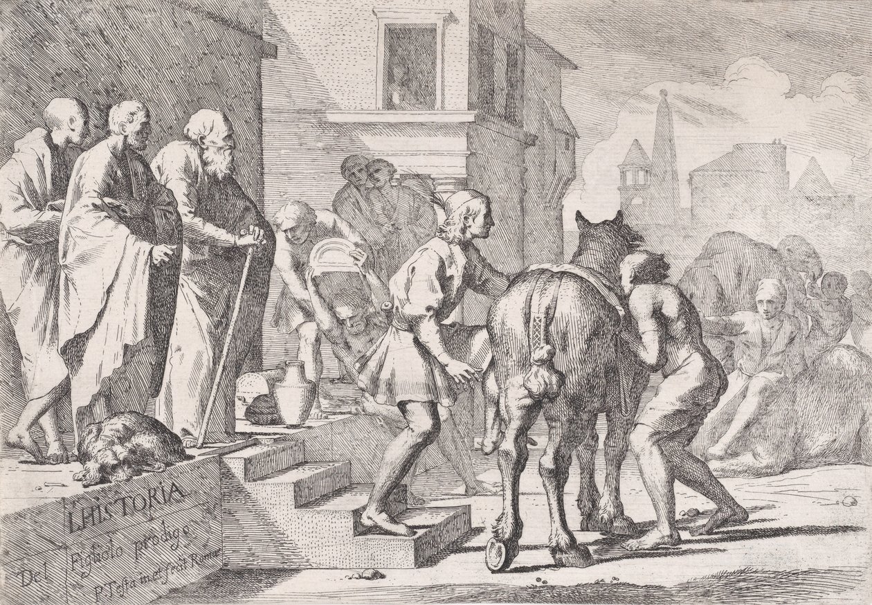 Den förlorade sonens avgång, som visas på väg att kliva upp på en häst, från en serie om fyra..., ca. 1645. av Pietro Testa