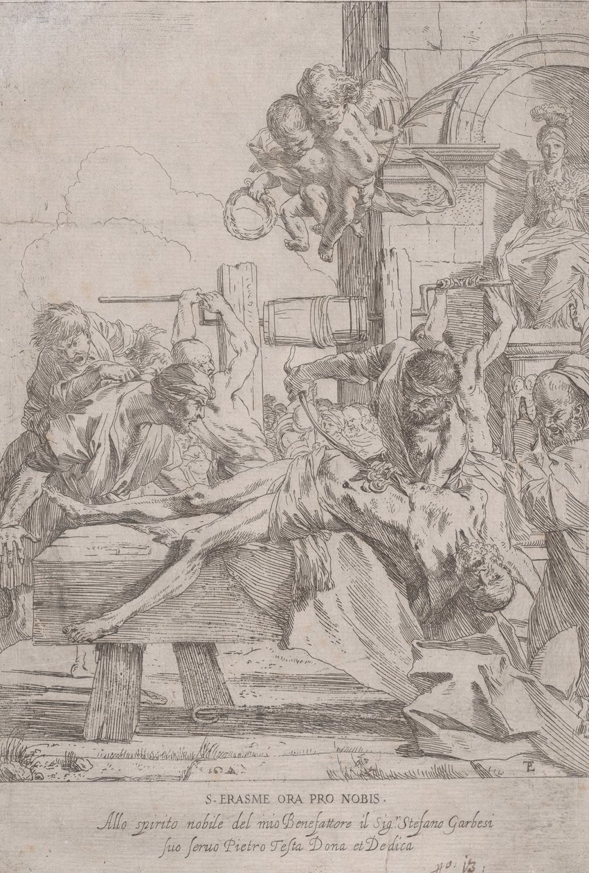 Den helige Erasmuss martyrskap som ligger nedböjd med inälvor borttagna, två putti a..., ca. 1630. av Pietro Testa