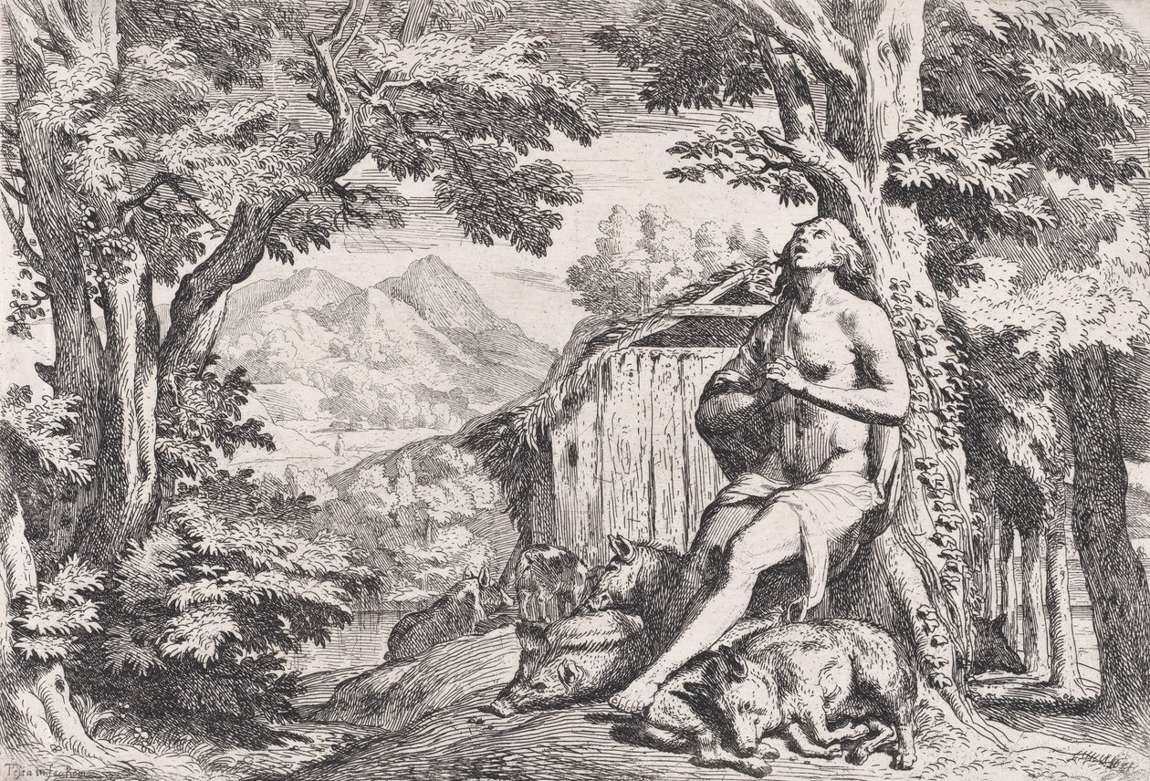 Den förlorade sonen bland svinen, från en serie om fyra tryck, ca. 1645. av Pietro Testa