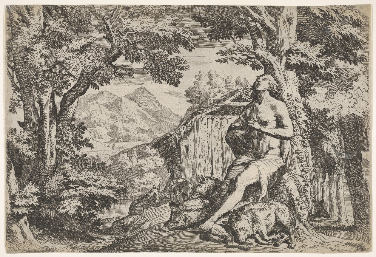 Den förlorade sonen satt vid foten av ett träd bland svin, hans blick riktad uppåt..., ca. 1640-50. av Pietro Testa