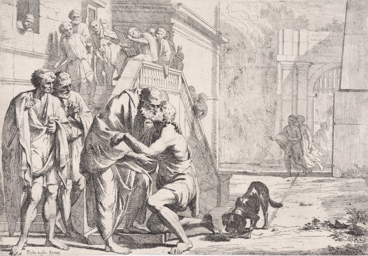 Den förlorade sonens återkomst, fadern som omfamnar sin son, från en serie,..., ca. 1645. av Pietro Testa