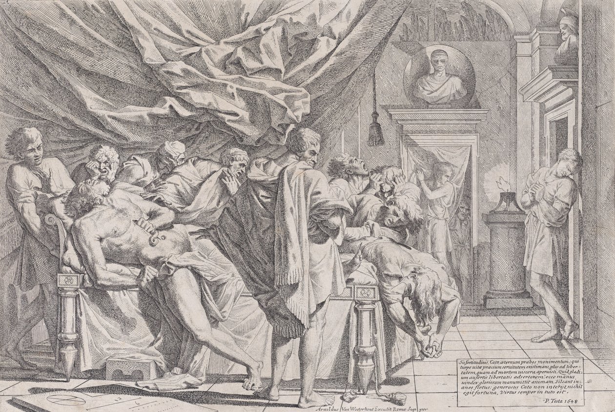 Filosofen Catos självmord, som ligger på sin säng och drar ut inälvorna, såg f..., 1648. av Pietro Testa