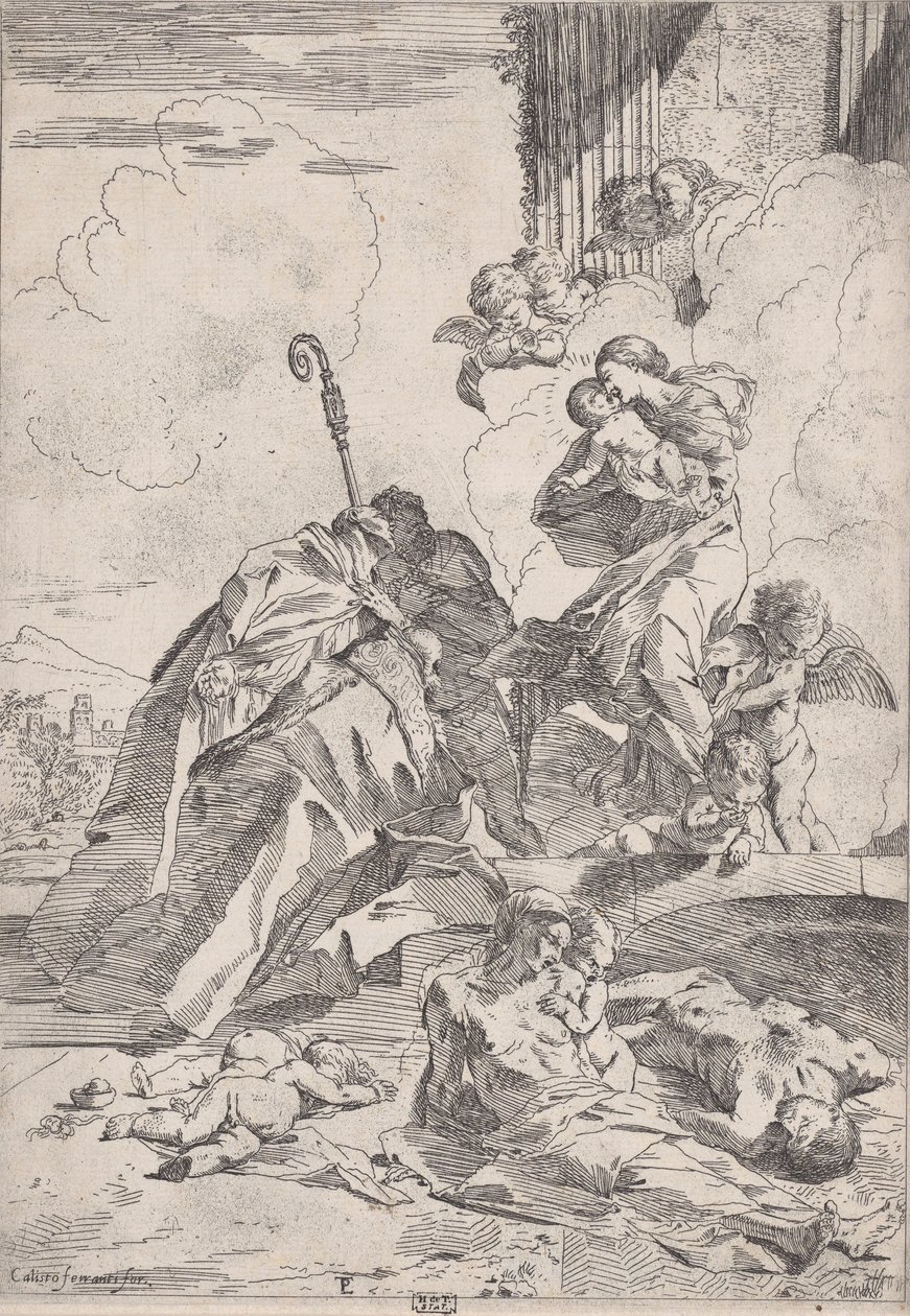 Tre Lucchese-helgon som går i förbön med Jungfrun för pestens offer...., ca. 1630-31. av Pietro Testa