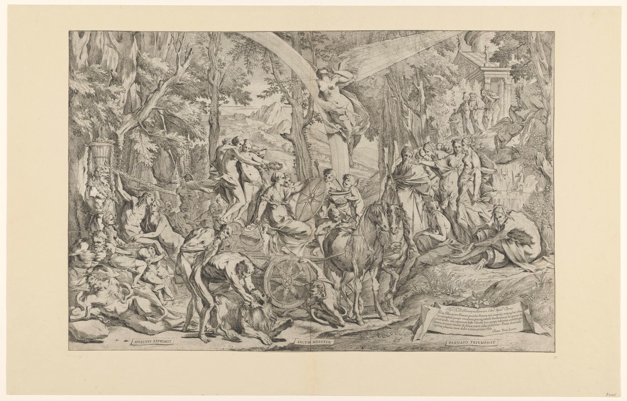 Triomf van de schilderkunst op de Parnassus Uttrycker tillgivenhet/ tjänar en båge/ triumferar över Parnassus (titel på objekt) av Pietro Testa