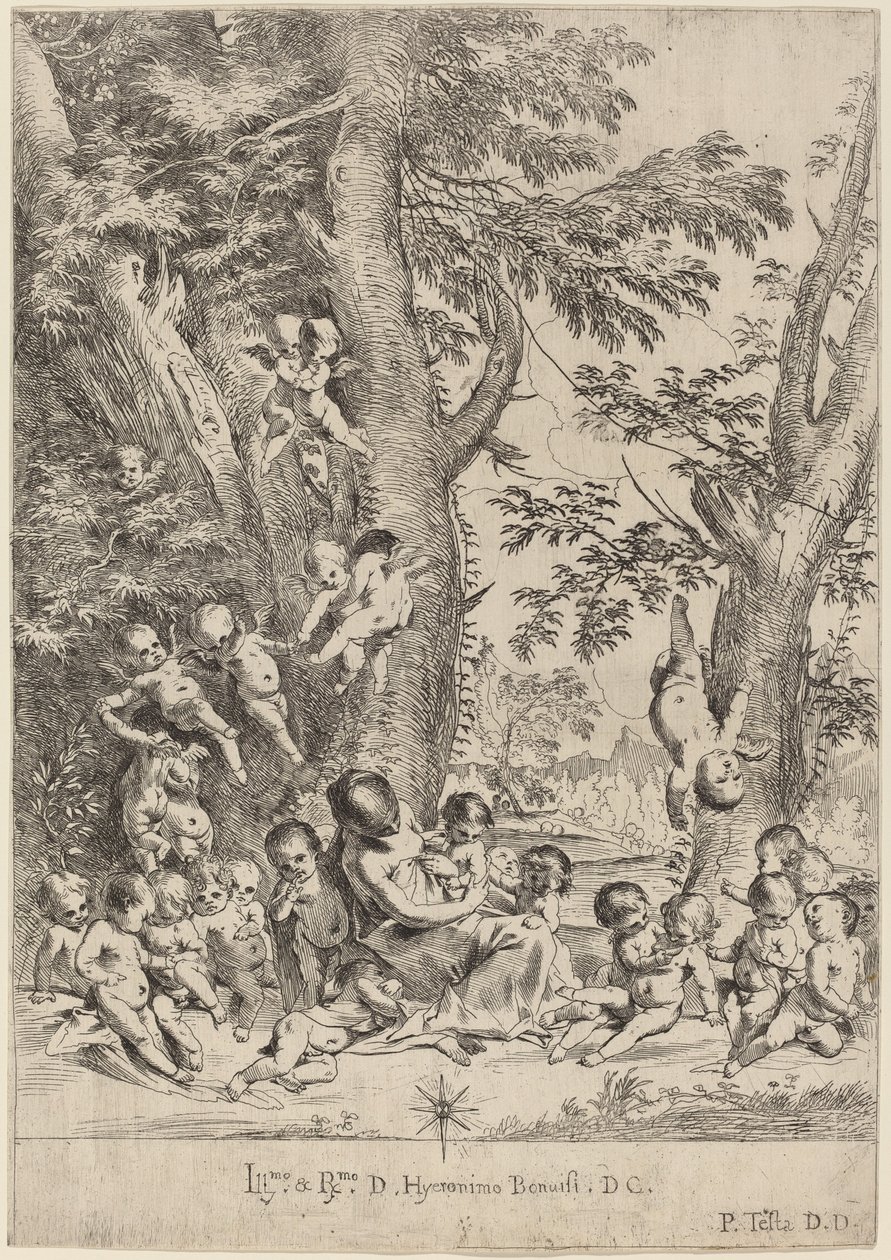 Ung kvinna, omgiven av amoriner (Välgörenhetens trädgård, vertikal version) av Pietro Testa