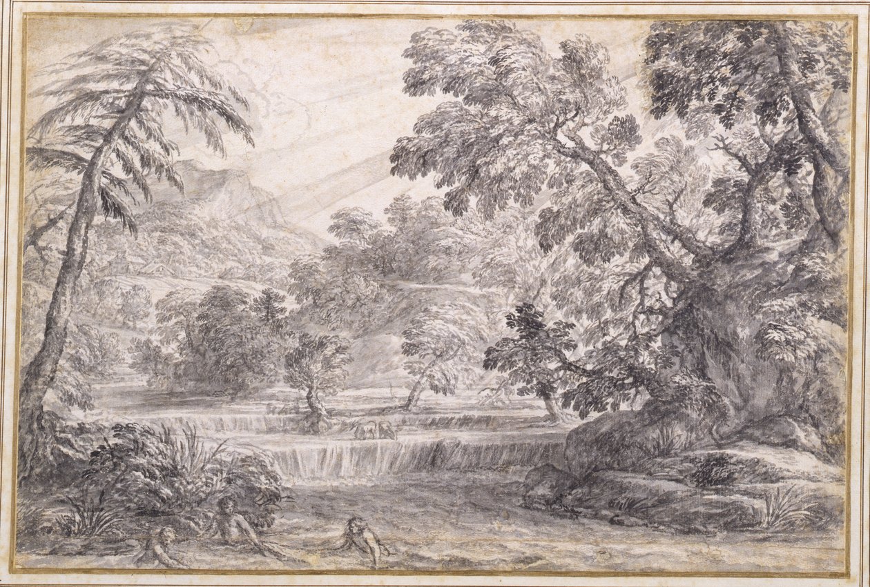 A Wooded River Landscape, ca 1650 (svart krita, pensel & grått bläck med grå tvätt på papper) av Pietro da Cortona