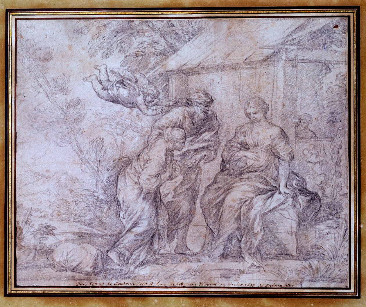 Återkomsten av Agar Agar, den egyptiska slaven till Sara, Abrahams hustru. Ritning i svart penna av Pietro Berrettini känd som Pierre de Cortona eller Pietro da Cortona (1596-1669). 1600-talet. Dämpa. 0,27x0,33 m. Louvren av Pietro da Cortona