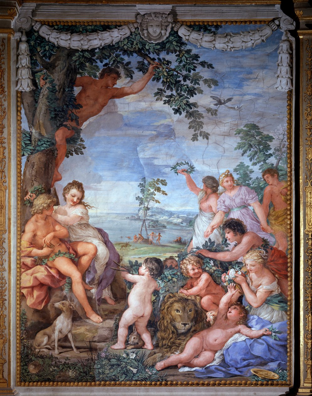 Allegori över de fyra tidsåldrarna, den gyllene tidsåldern Fresko av Pietro da Cortona (Sten av Cortona) (1596-1669) 1637 Salle du Poele (Stanza della Stufa), Palatinska galleriet, Palazzo Pitti, Florens av Pietro da Cortona
