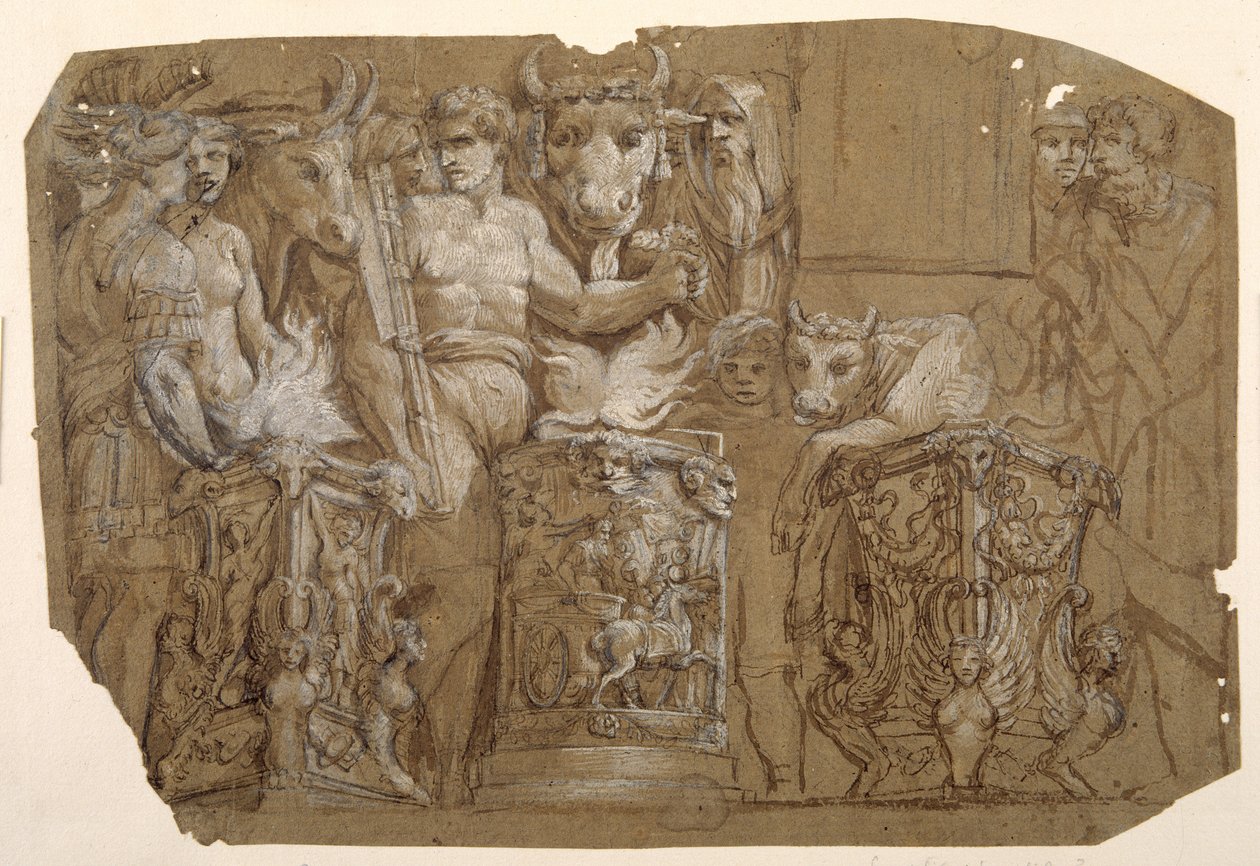 Antik offer och äktenskapet mellan Perseus och Andromeda, efter Polidoro da Caravaggio (ca 1499-1543) (penna & brunt bläck med brun tvätt förhöjd med vit kroppsfärg över preliminärer i svart krita på papper tvättat brunt) av Pietro da Cortona