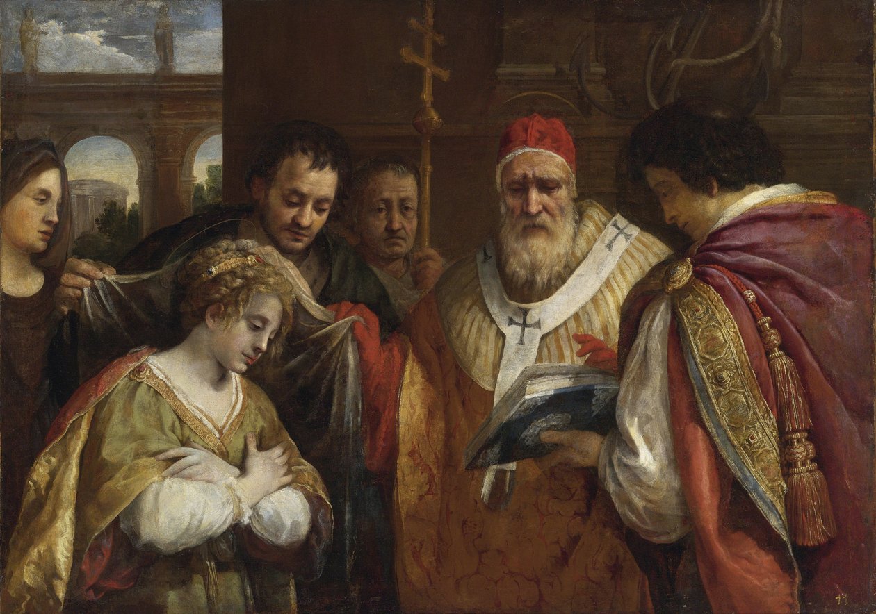 Flavia Domitilla (död efter 95) tar emot slöjan från påven Clemens I - Saint Domitilla tar emot slöjan från påven Clemens I av Cortona, Pietro da (1596-1669). Olja på duk, storlek: 123x172,7, , Privat samling av Pietro da Cortona