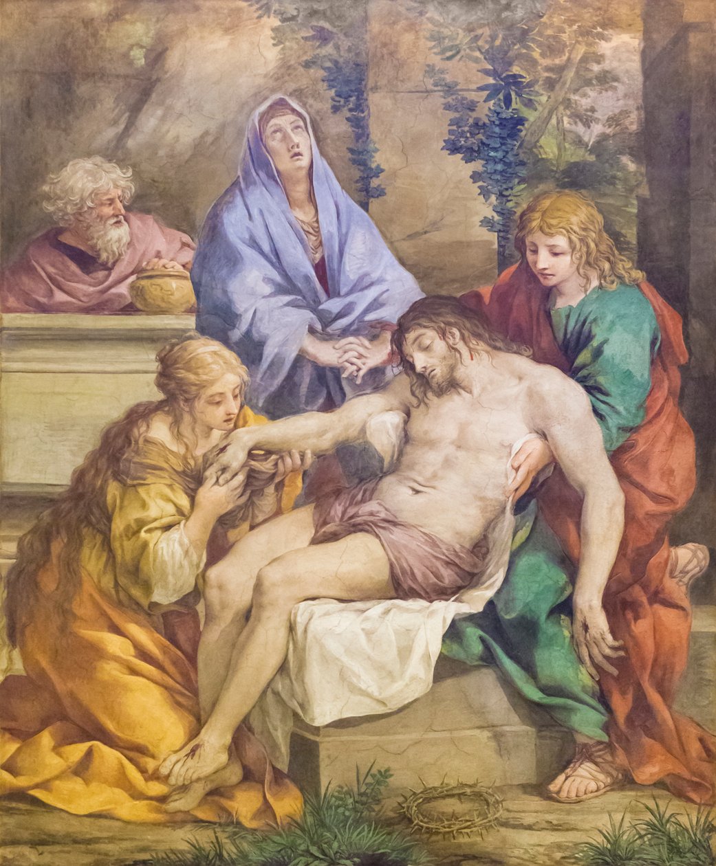 Pieta med Madonnan, Johannes Döparen, Maria Magdalena och Nikodemus (fresk) av Pietro da (1596 1669) Cortona
