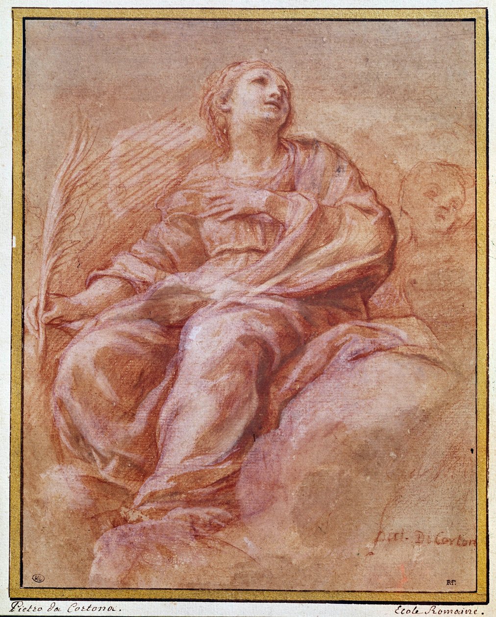 Representation av Saint Firmine som sitter på molnen. Blyertsteckning av Pietro Berrettini känd som Pierre de Cortona eller Pietro da Cortona (1596-1669). 1647. Dim. 0,26x0,22 m. Paris, Louvren, ritfirma av Pietro da Cortona