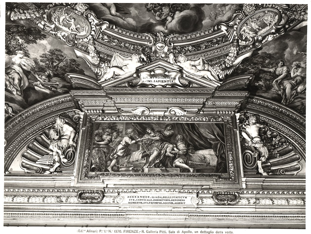 "Sala di Apollo" (Apollons sal) detalj av takdekoration som visar Alexander som läser Homer (fresk) (s/v foto) av Pietro da Cortona