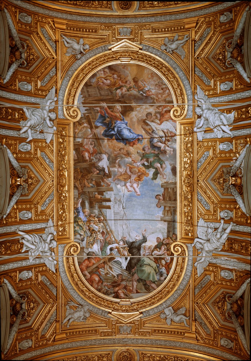 Jungfrun visar sig för den helige Philip Neri (Filippo Neri) under byggandet av kyrkan Utsikt över fresker av valvet av Peter av Cortona (Pietro da Cortona) (1596-1669) (Miracle of the Madonna della Vallicella av Pietro da Cortona, takfresk av Pietro da Cortona