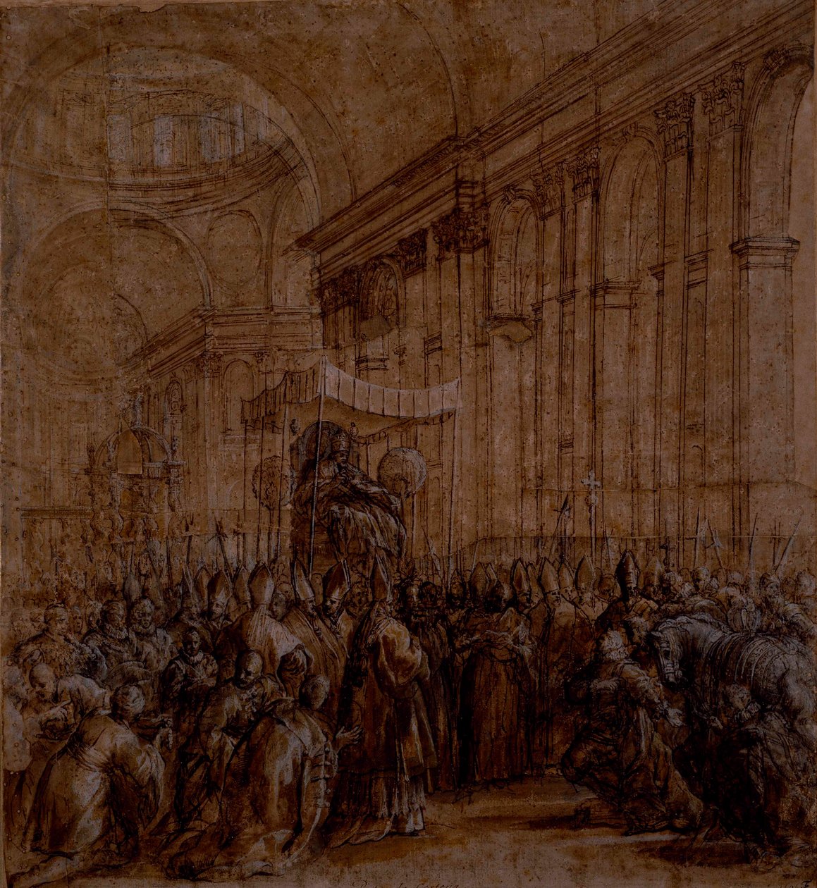 Urban VIII bar ner St. Peters långhus (penna & brunt bläck med kroppsfärg på papper) av Pietro da Cortona