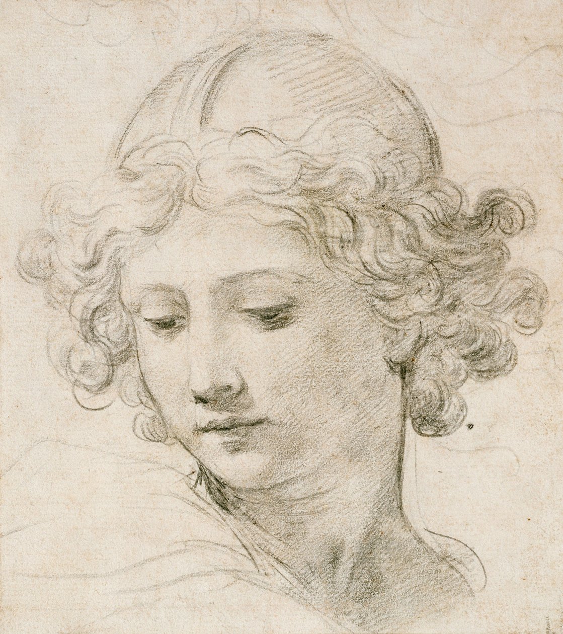 Huvudet på en ängel, tittar ner till vänster av Pietro da Cortona