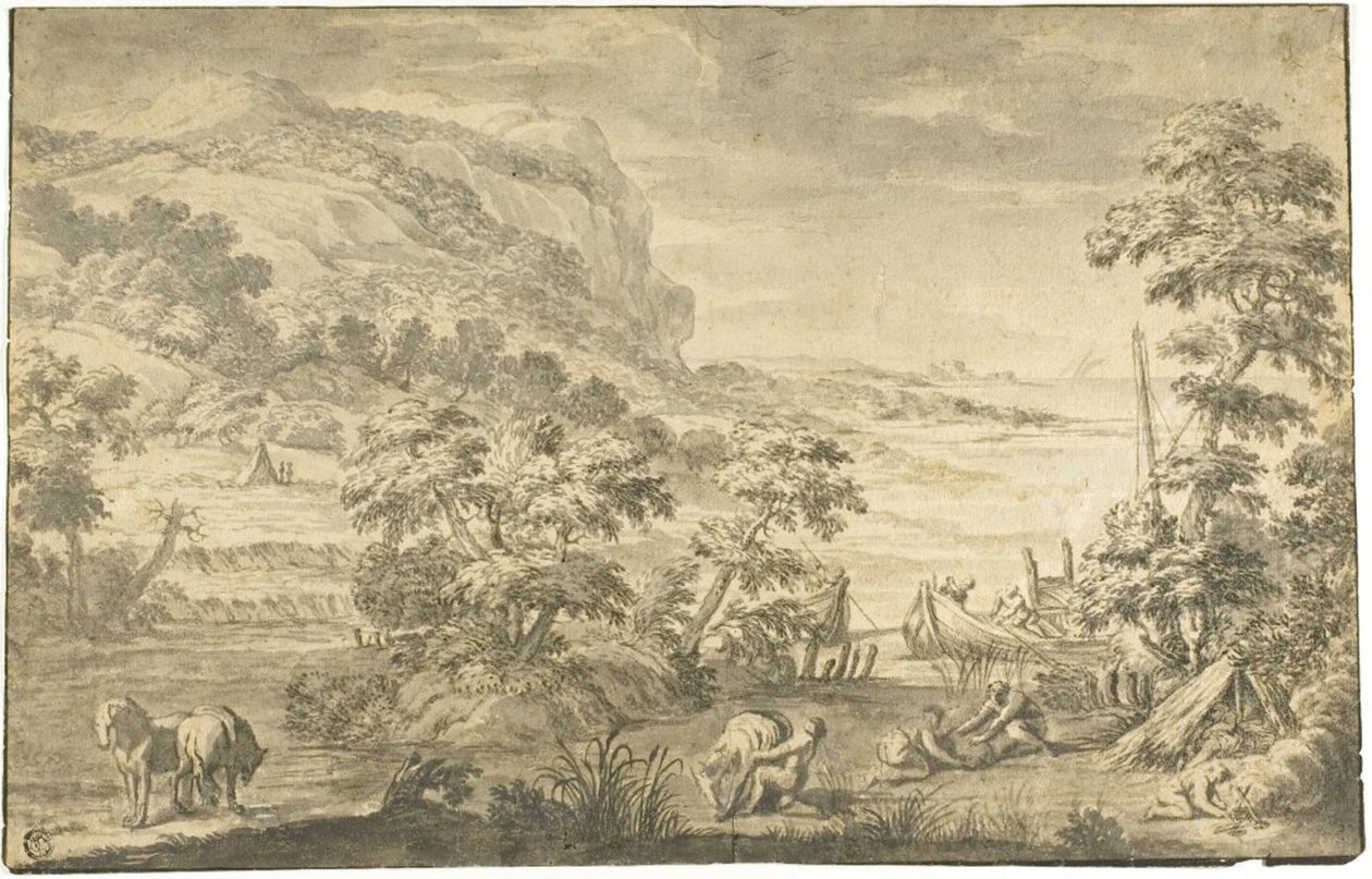 Italiensk kustscen med fiskare, lägerplats (recto); Flodmynning (verso) av Pietro da Cortona