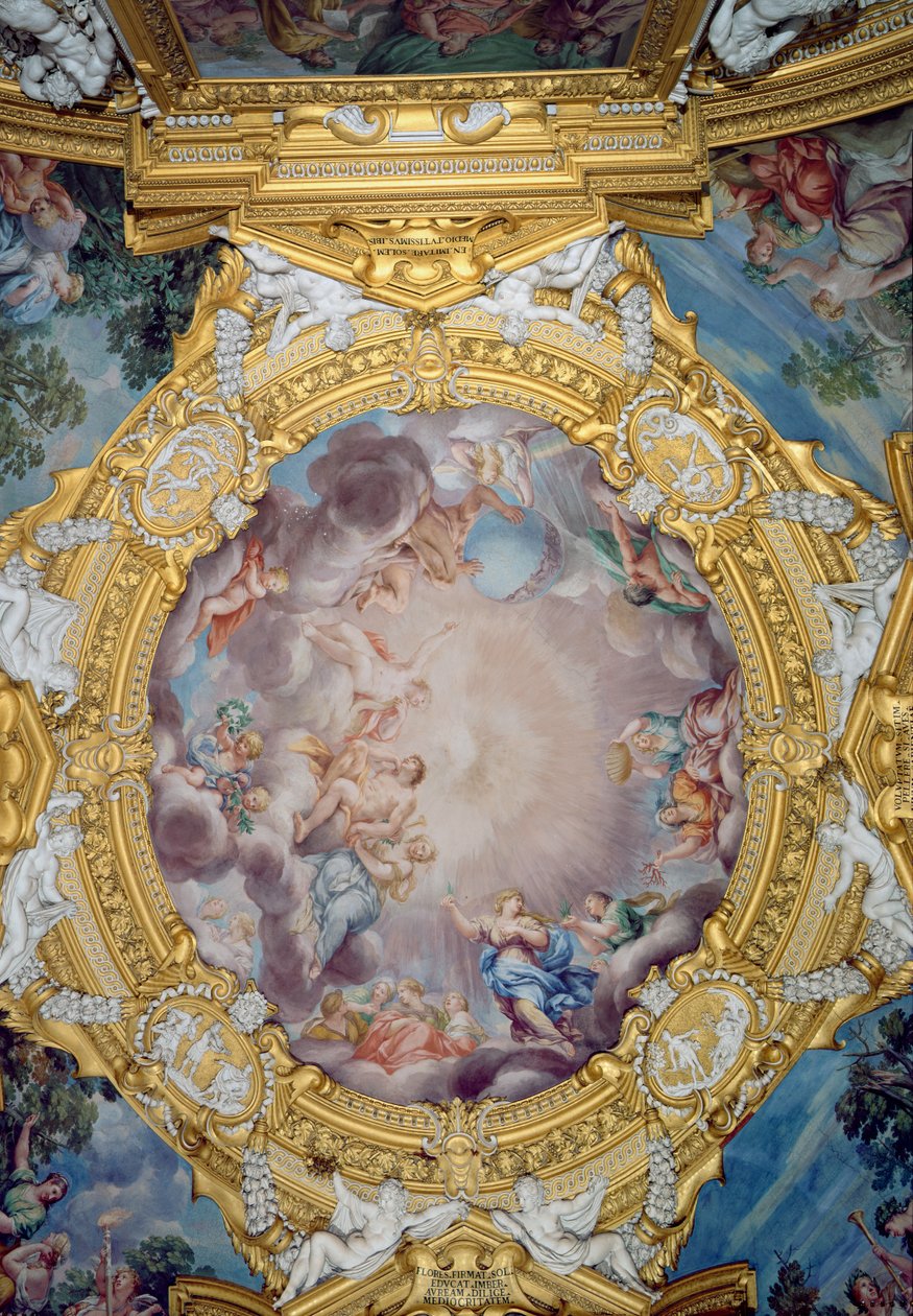 Sala di Apollo Hall of Apollo detalj av takdekoration föreställande Cosimo I deMedici 1519-74 presenteras för Apollo, ca 1647 fresk av Pietro da Cortona