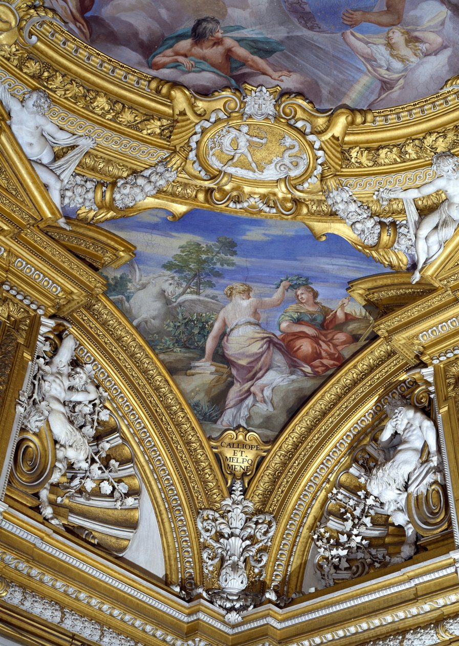 Sala di Apollo Apollos sal detalj av en hängande bild av muserna Kalliope och Melpomene, fresk från ca 1647 av Pietro da Cortona
