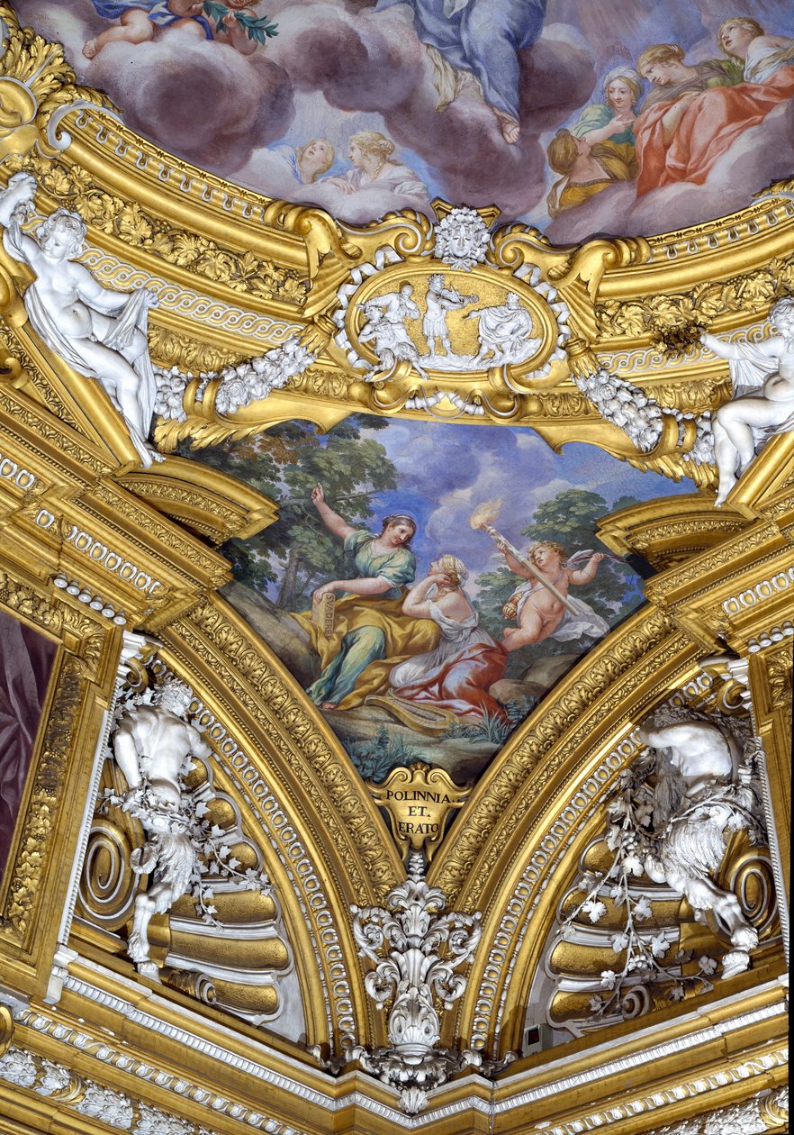 Sala di Apollo Hall of Apollo detalj av pendentiv föreställande muserna Polyhymnia och Erato, fresk ca 1647 av Pietro da Cortona