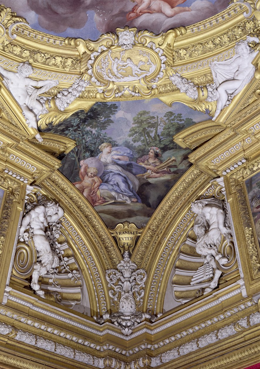 Sala di Apollo Hall of Apollo detalj av pendentiv föreställande muserna Urania och Euterpe, ca 1647 fresk av Pietro da Cortona