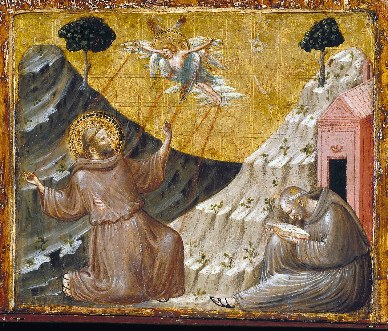 St Francis tar emot Stigmata (tempera och guld på trä) av Pietro da Rimini