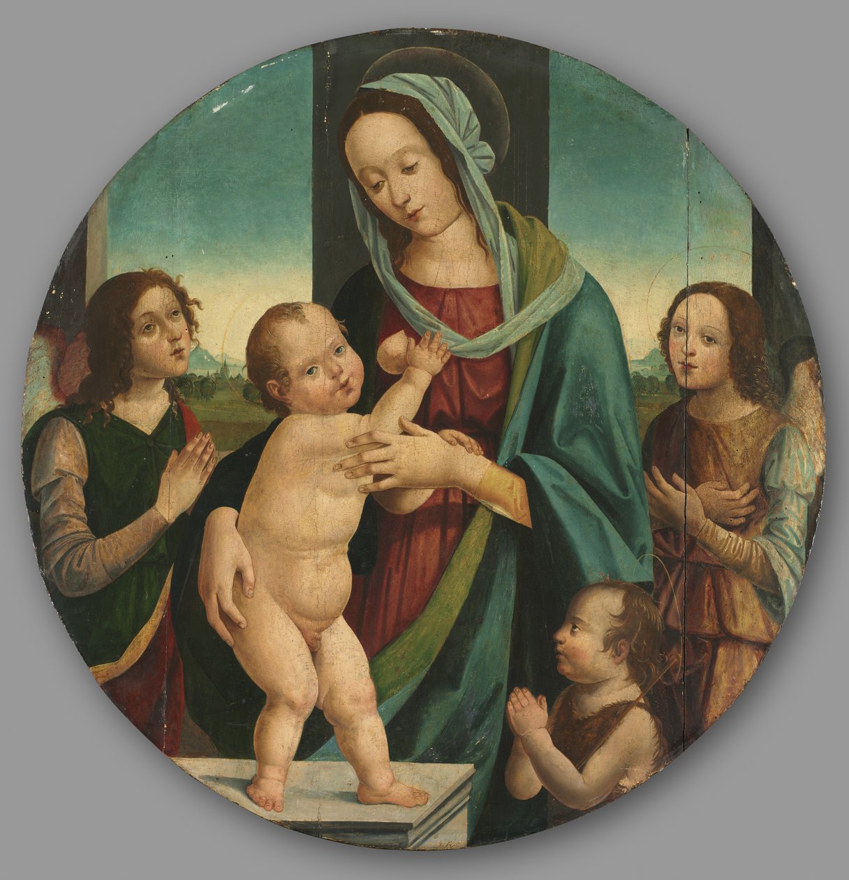 Jungfru och barn med Johannes Döparen och änglar, ca. 1500. av Pietro del Donzello