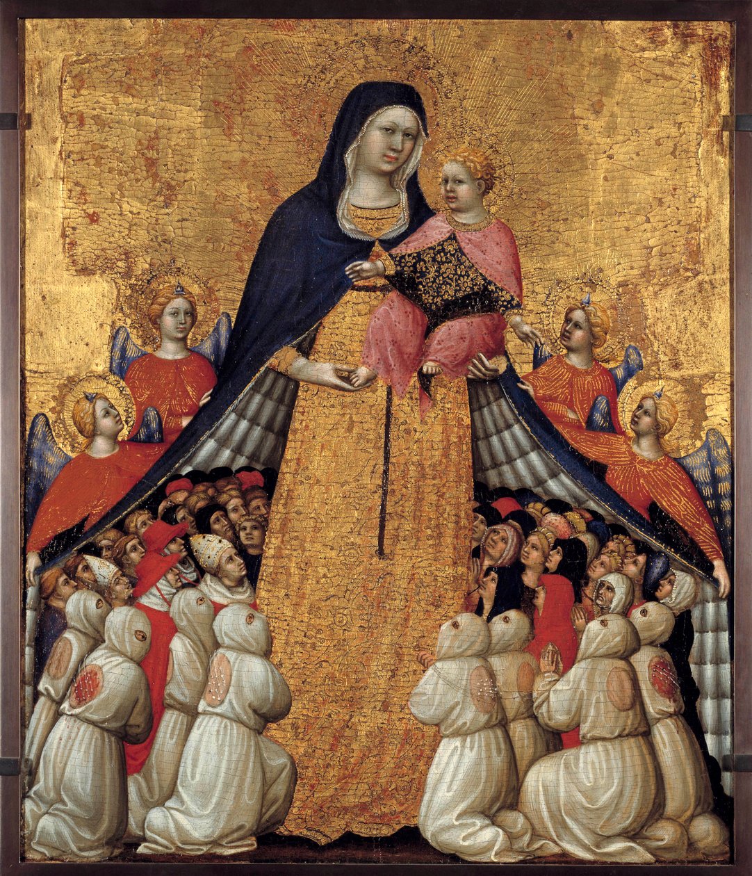 The Virgin of Misericorde: Altartavla av Pietro da Recanati, känd som Pietro di Domenico da Montepulciano (aktiv 1418 död mellan 1427 och 1432) Mått 0,54 x 0,43 m. Avignon, Musee du Petite Palais - Barmhärtighetens jungfru. Altartavla av Pietro da Recanati av Pietro di Domenico da Montepulciano