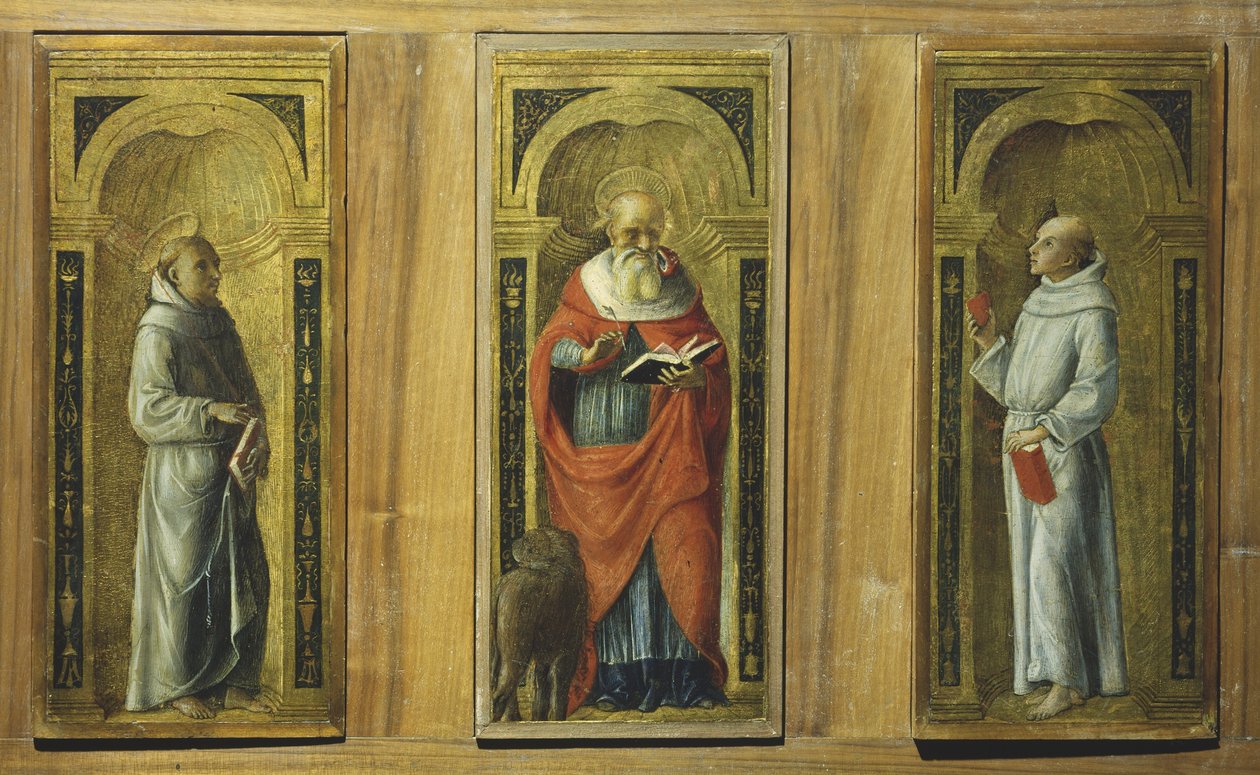 Tre paneler - Saint Francis, Saint Hieronymus och Saint Anthony of Padua, c.1480 (tempera på panel) av Pietro di Francesco degli (circle of) Orioli