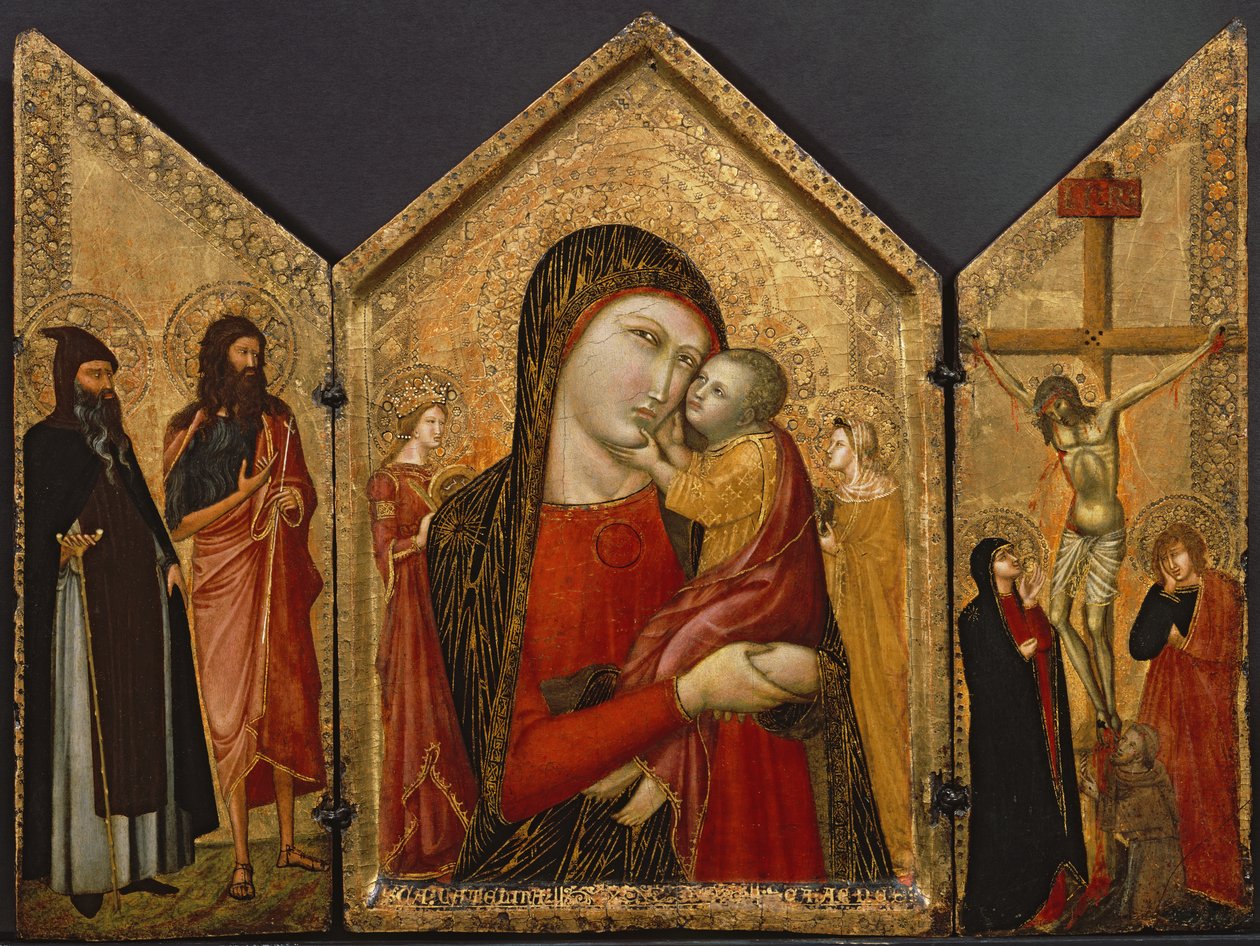 Madonna and Child, the Crucifixion, and Saints, ca 1340-1370 (tempera och bladguld på panel) av Pietro follower of Lorenzetti